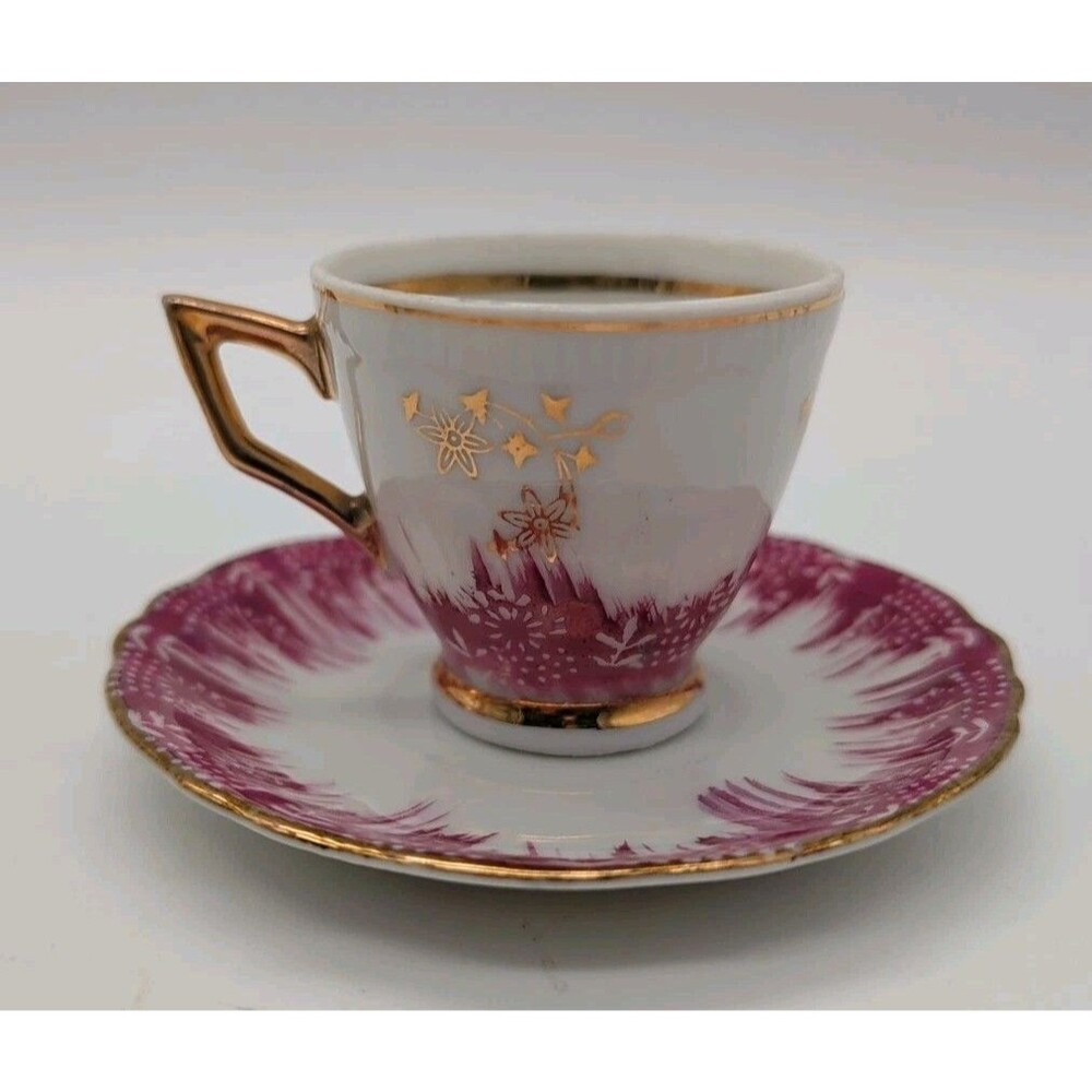 Vtg Footed Demitasse Cup & Saucer Japan Maroon Gold Floral